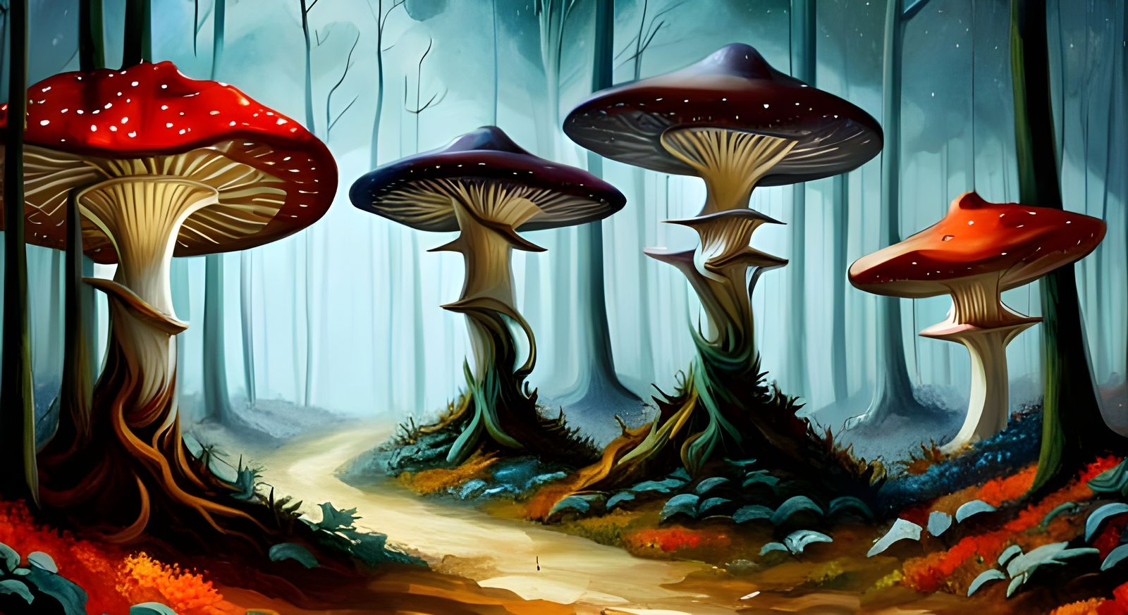 Magical Mushroom Forest with Starry Sky: Fantasy Art