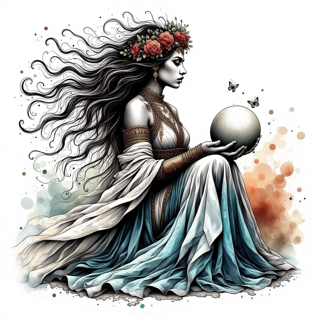 Pachamama, Earth Mother Shaping Mountains in Watercolour