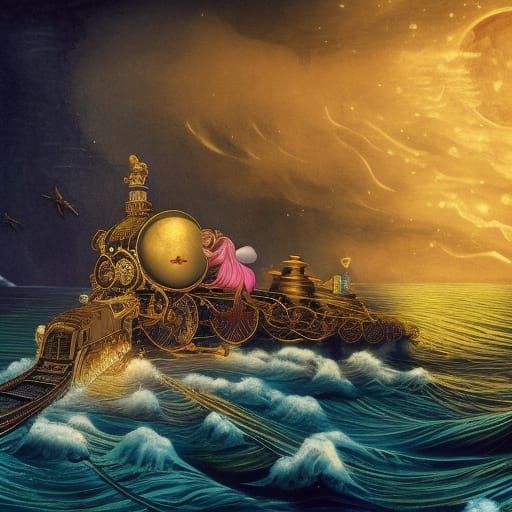 Golden Train Amidst a Glowing Sea, Renaissance Style