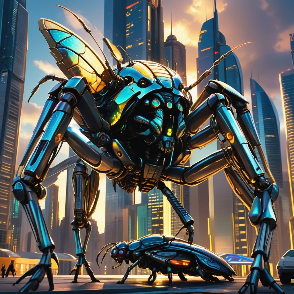 Gigantic Bug Dominates Futuristic Cityscape