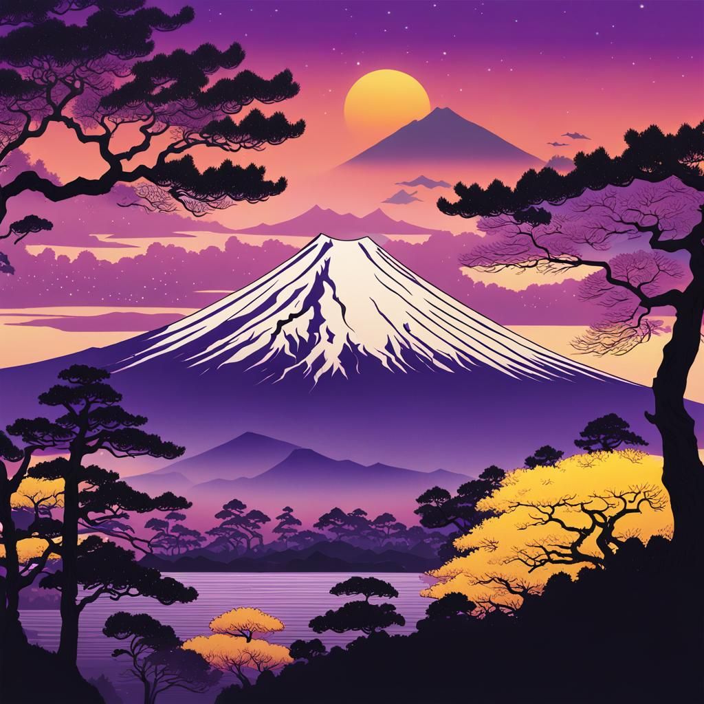 Ethereal Sunset Over Majestic Mount Fuji in Traditional Japa...