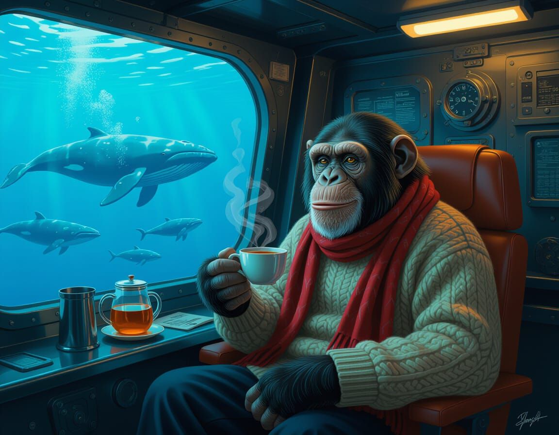 Chimpanzee on Submarine Observation Deck, Digital Painting