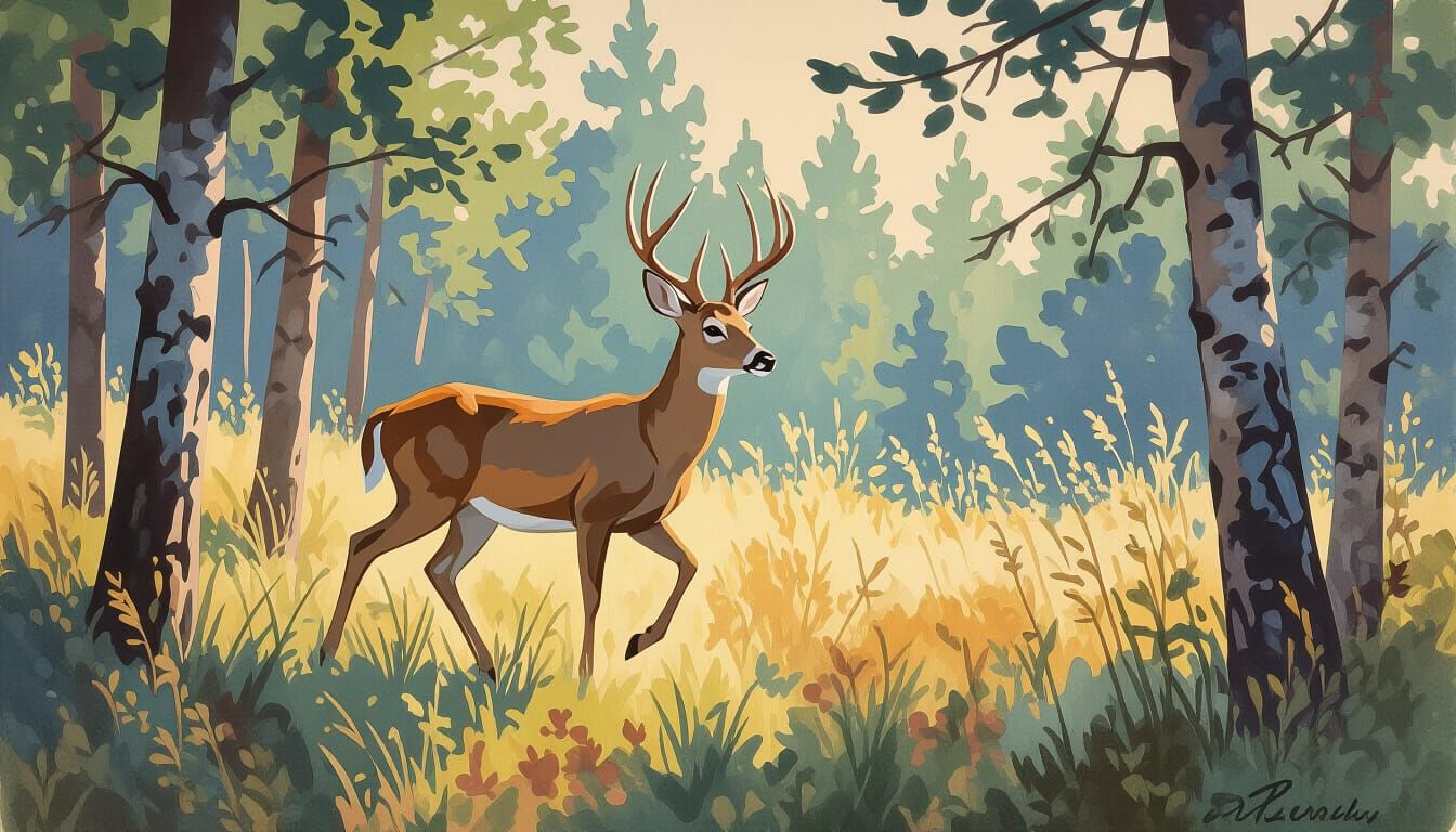 Majestic Deer in Verdant Woods: Gouache Masterpiece
