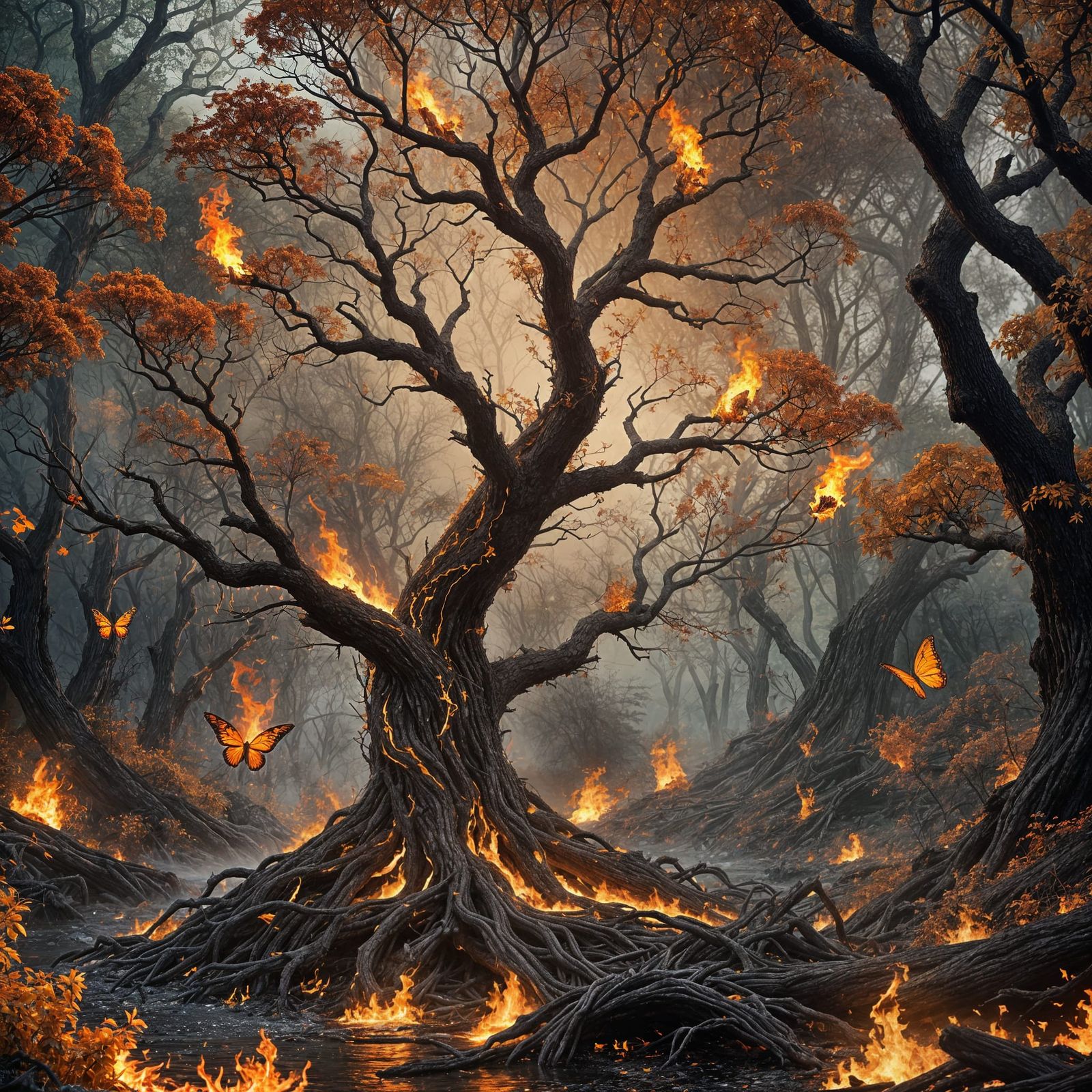 Surreal Fiery Landscape with Blazing Phoenix