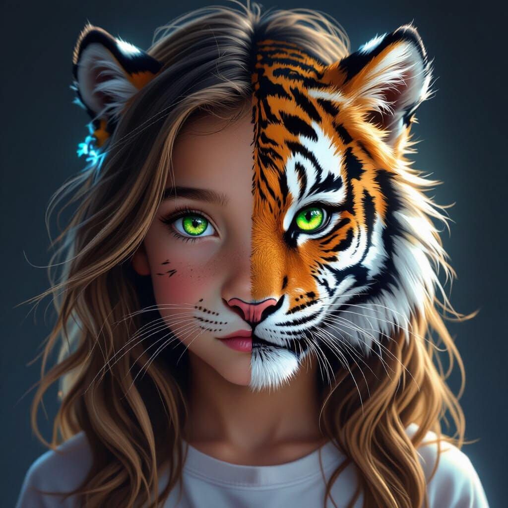 Half-Tiger Girl in Dramatic Lighting, Digital Art