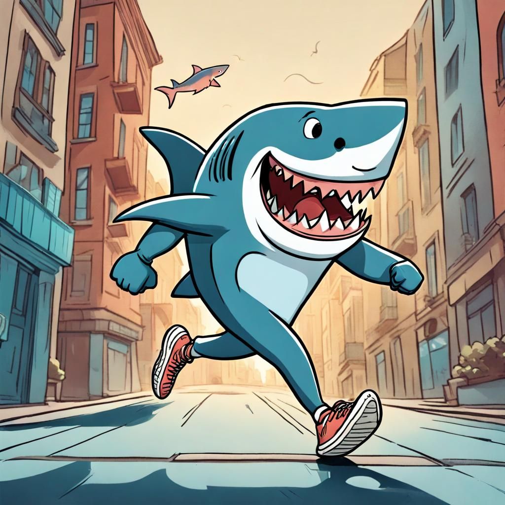 Cartoon Shark Running in a Beautiful City