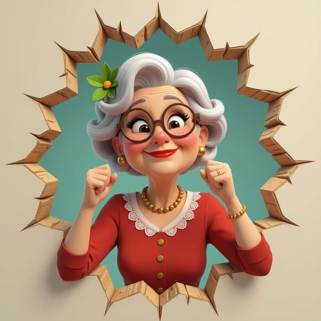 Chubby Grey-Haired Woman Punches Wall: Pixar Style
