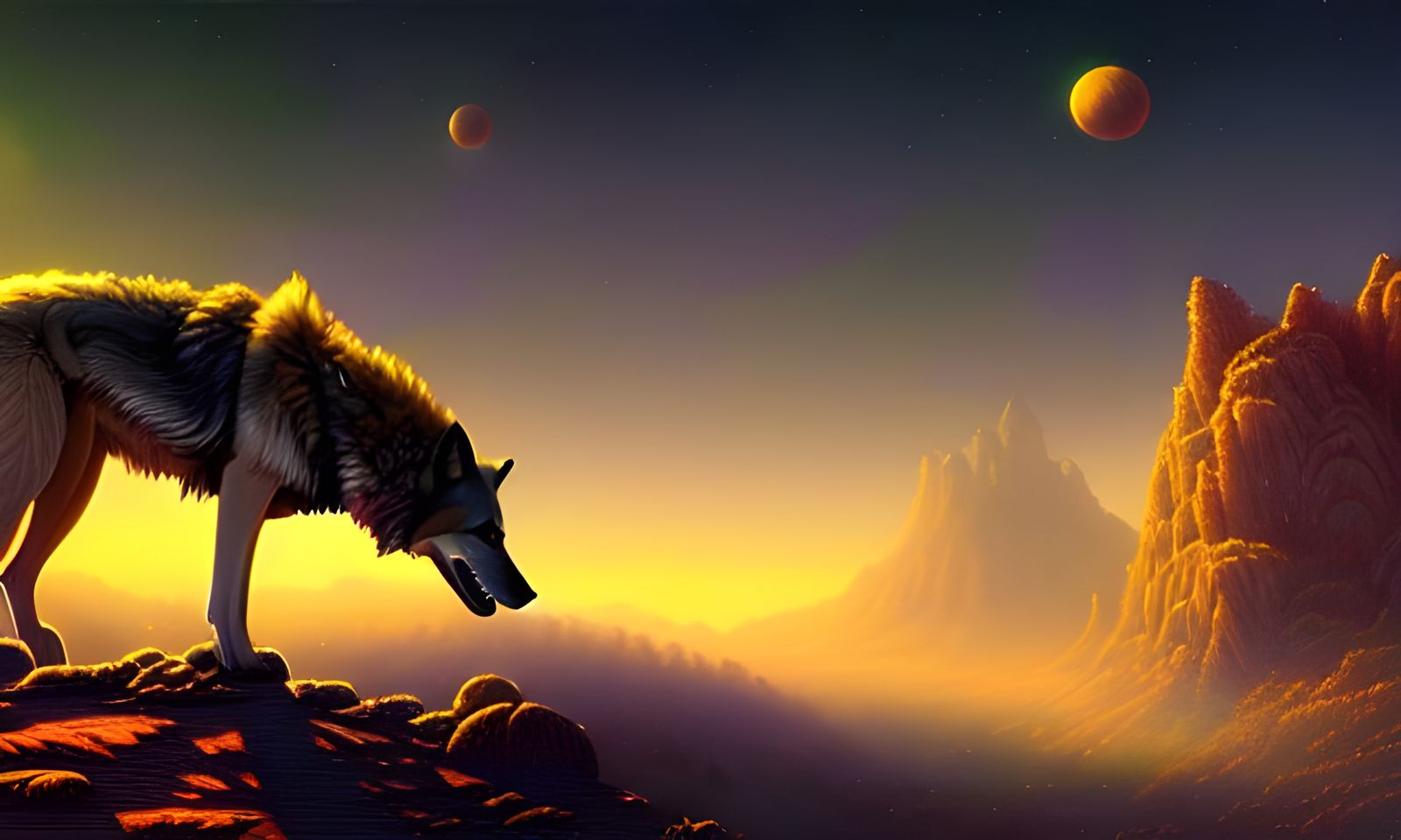 Wolves in Alien Landscape: Photorealistic Cel-Shaded Illustr...