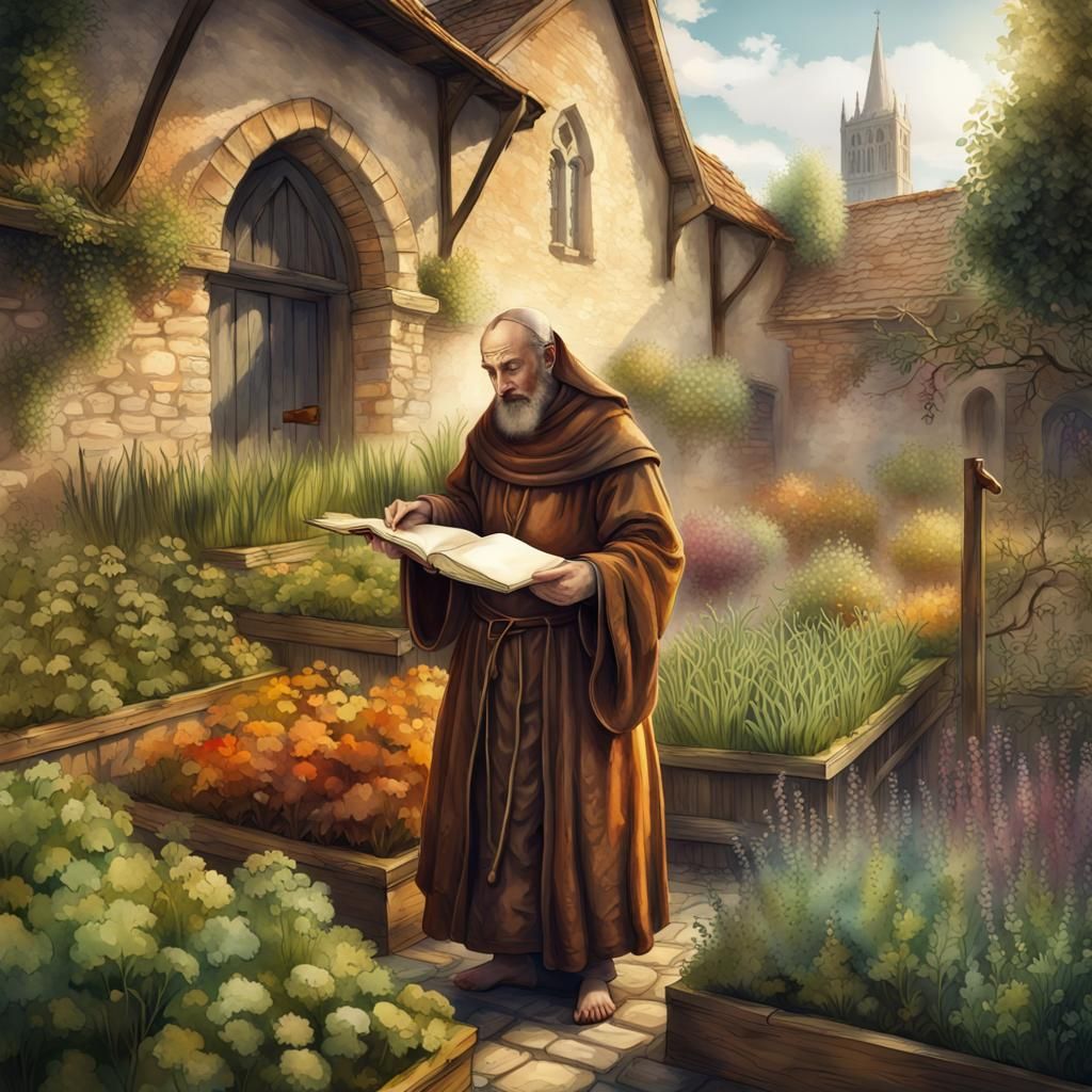 Medieval Monk in Herb Garden Watercolor