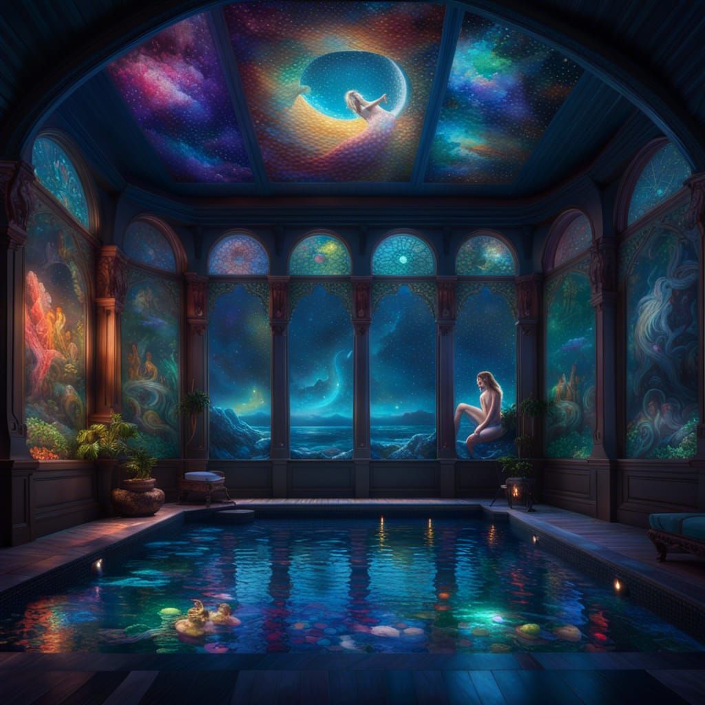 Mermaid Mosaic Window in Ornate Poolroom