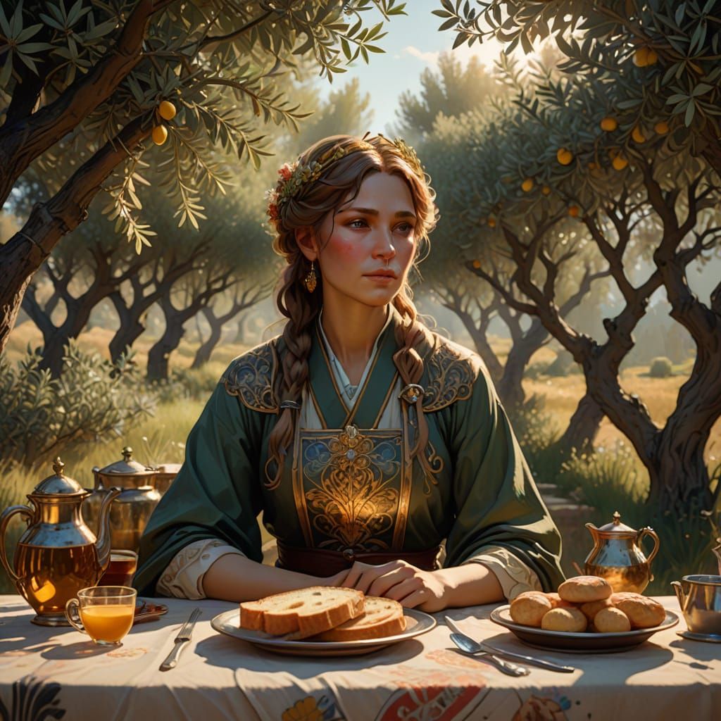 Peaceful Mediterranean Breakfast Among Olive Trees