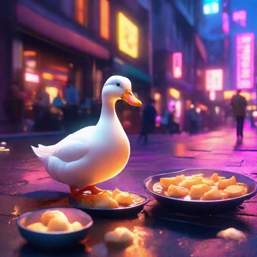 Duck Eats Dumplings in Neon Anime City