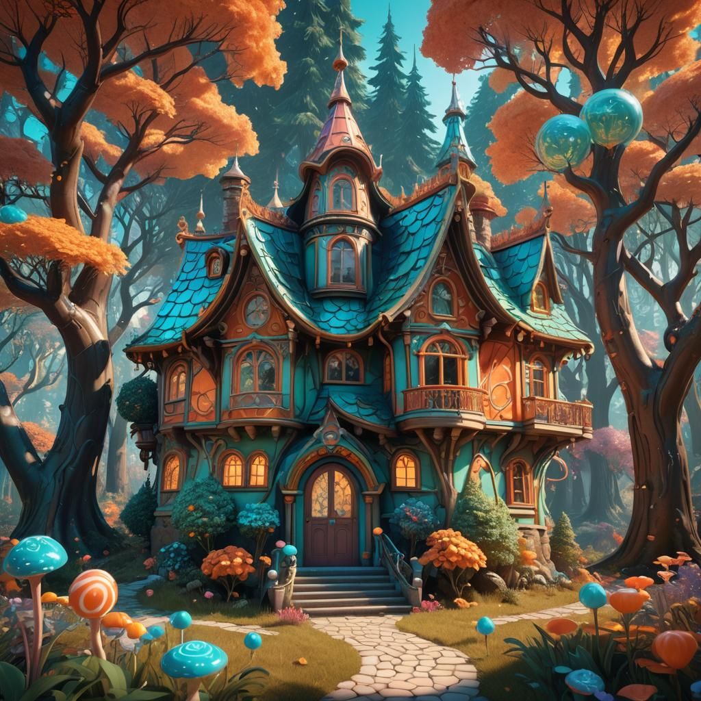 Ornate Candy House in Mystical Forest, Fantasy Concept Art