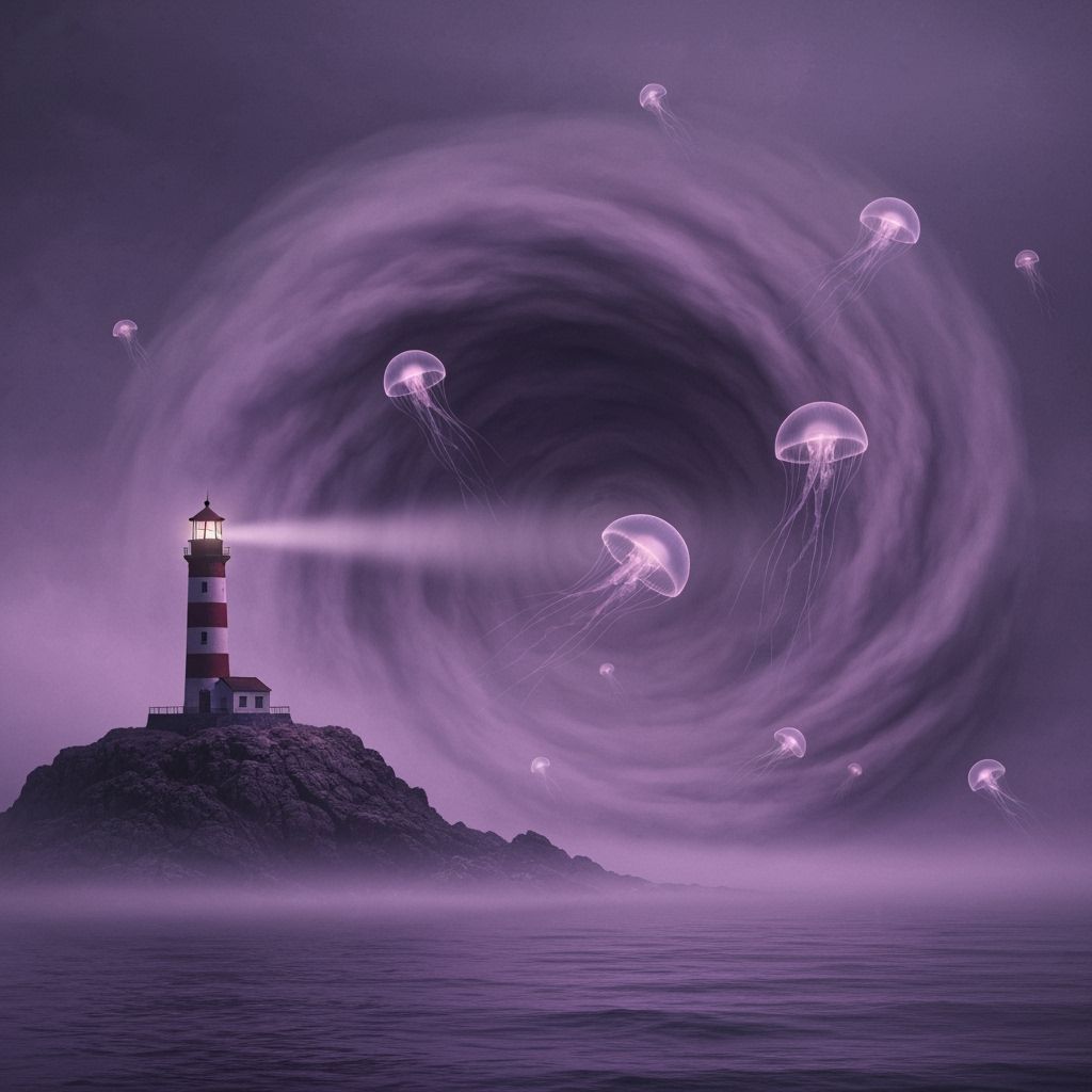 Surreal Lighthouse in Violet Fog with Bioluminescent Jellyfi...