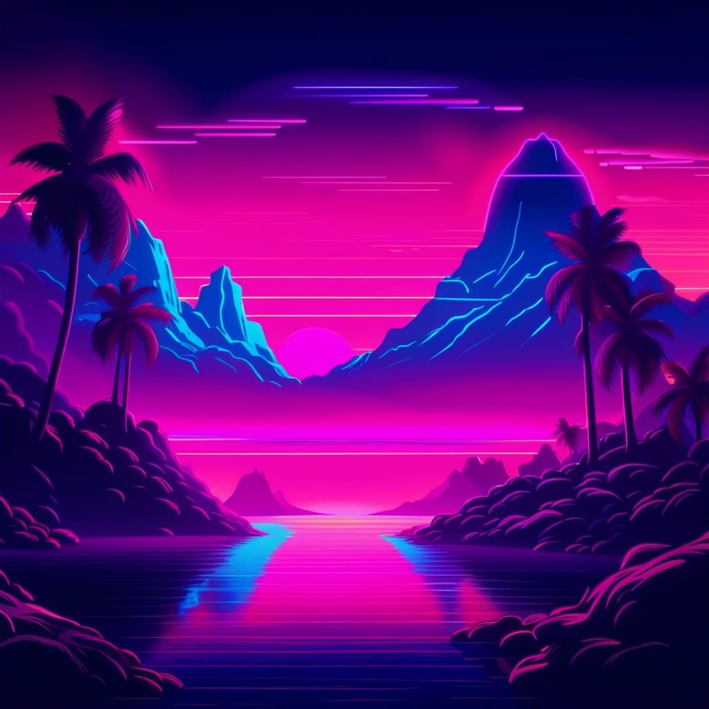 Neon Retro Fantasy Landscape in Synthwave Style