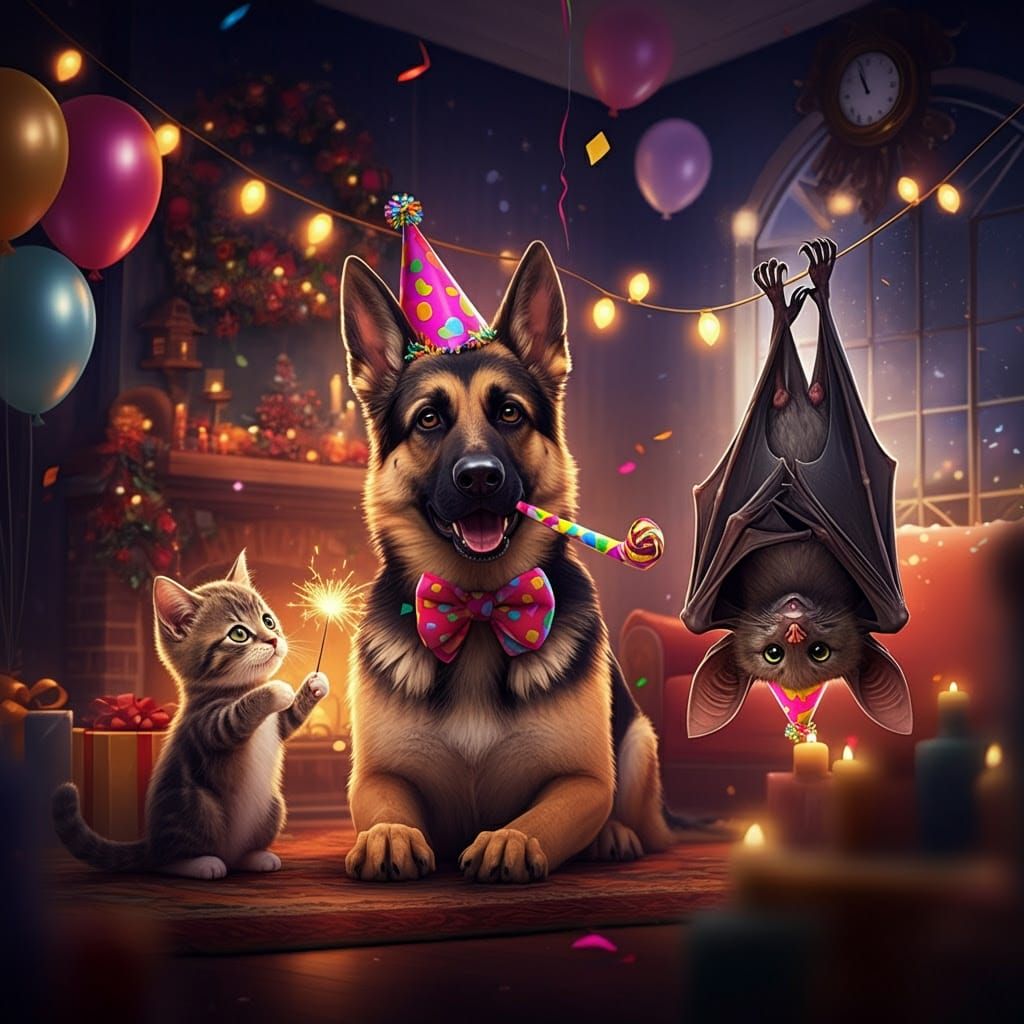 New Year's Celebration with Beloved Pets in a Cozy Living Ro...