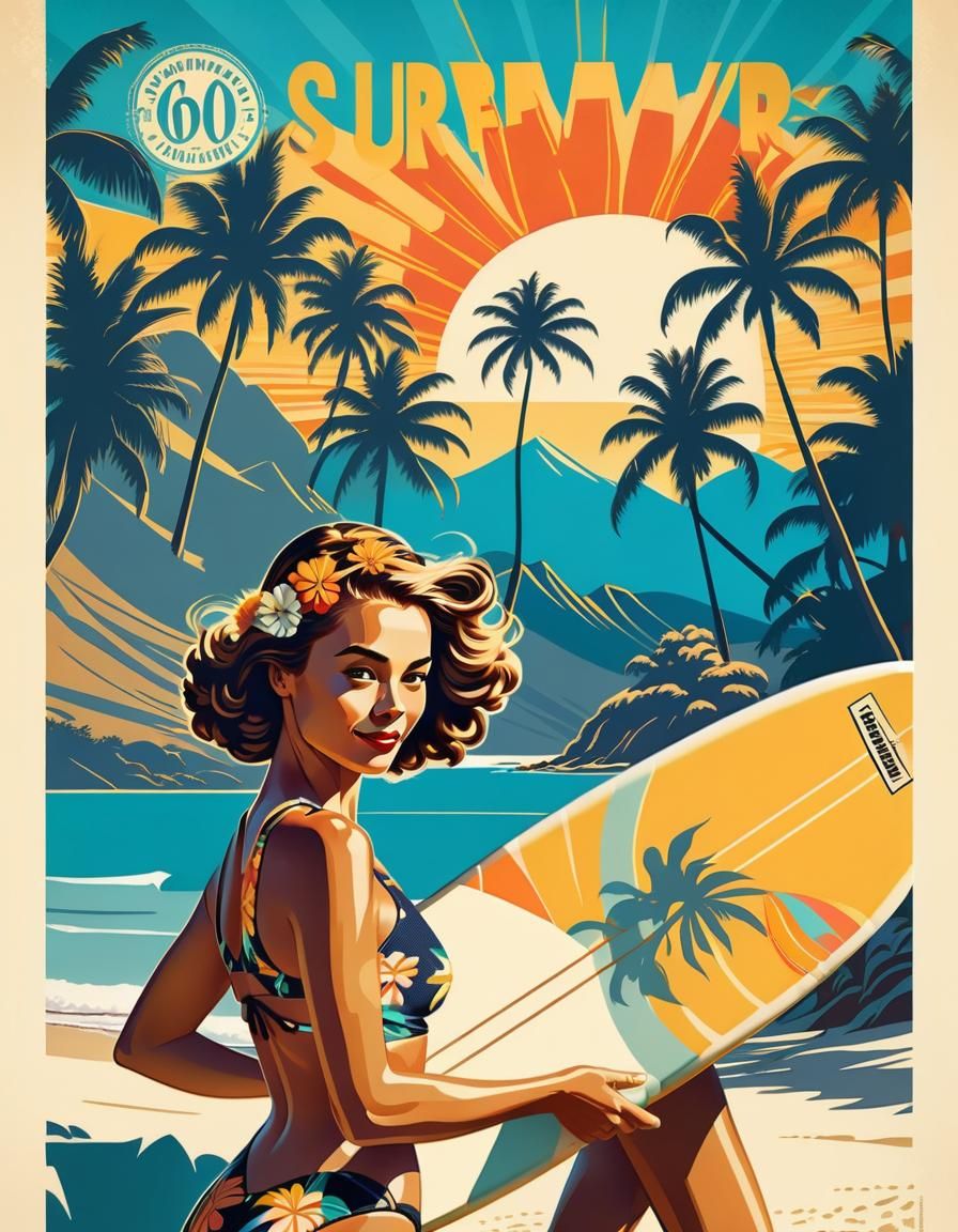 Retro Travel Poster of Surfer Girl on Beach