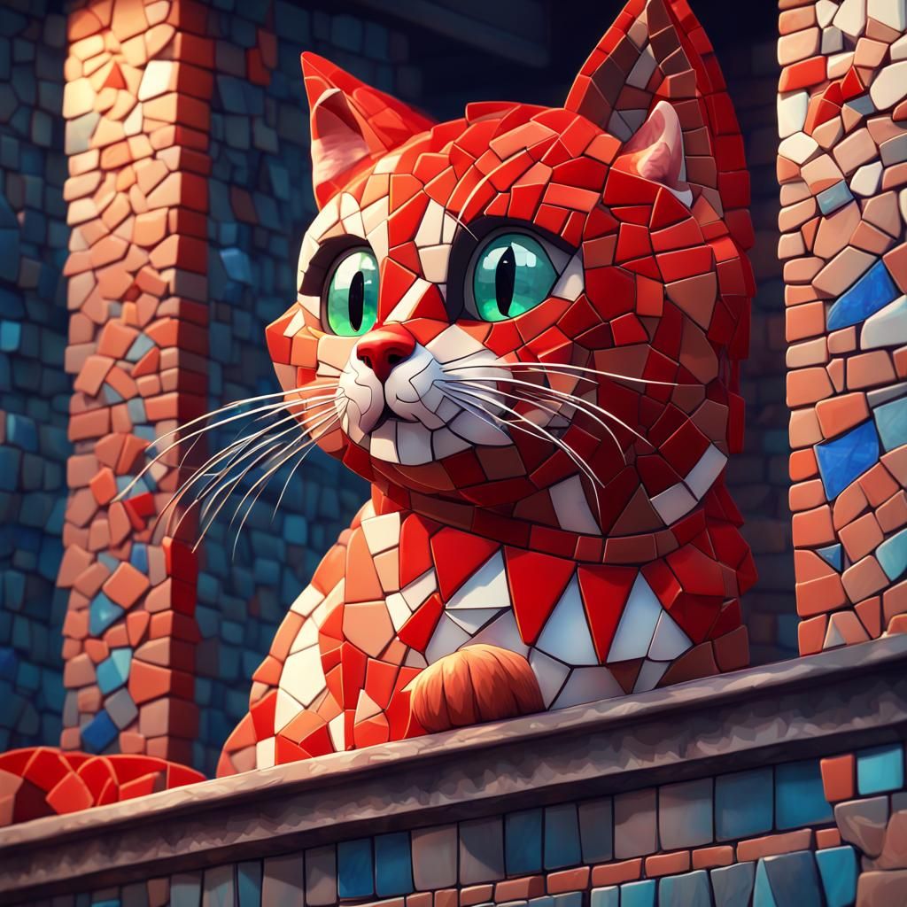Red Mosaic Cat Falling, Detailed Fantasy Art
