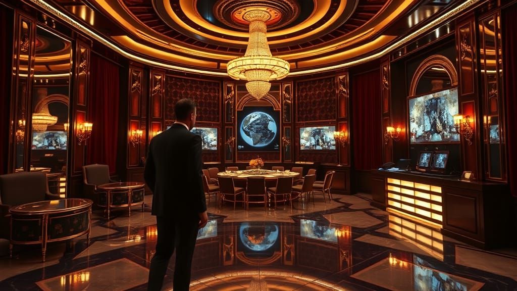 Art Deco Ballroom Supervillain Lair with Holographic Display...