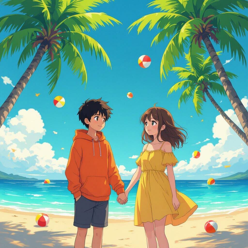 Anime Couple at Inverted Beach, Dreamlike Style