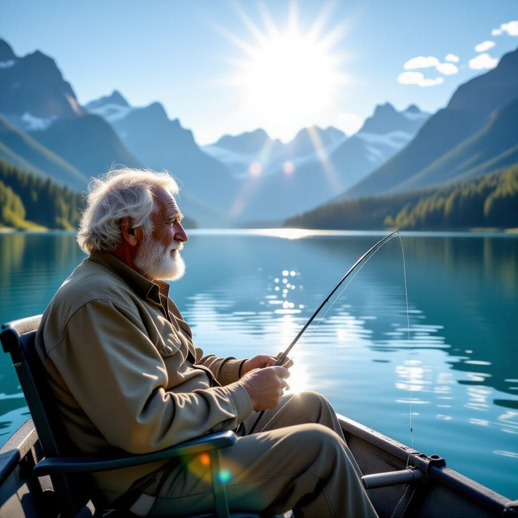 Old Man Fishing on Beautiful Lake with Mountain View