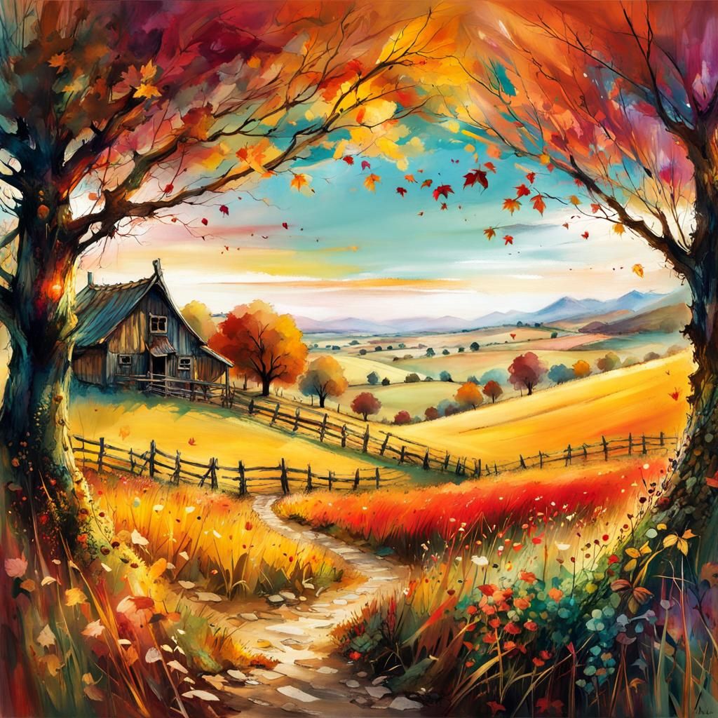 Autumnal Countryside Landscape in Double Exposure Illustrati...