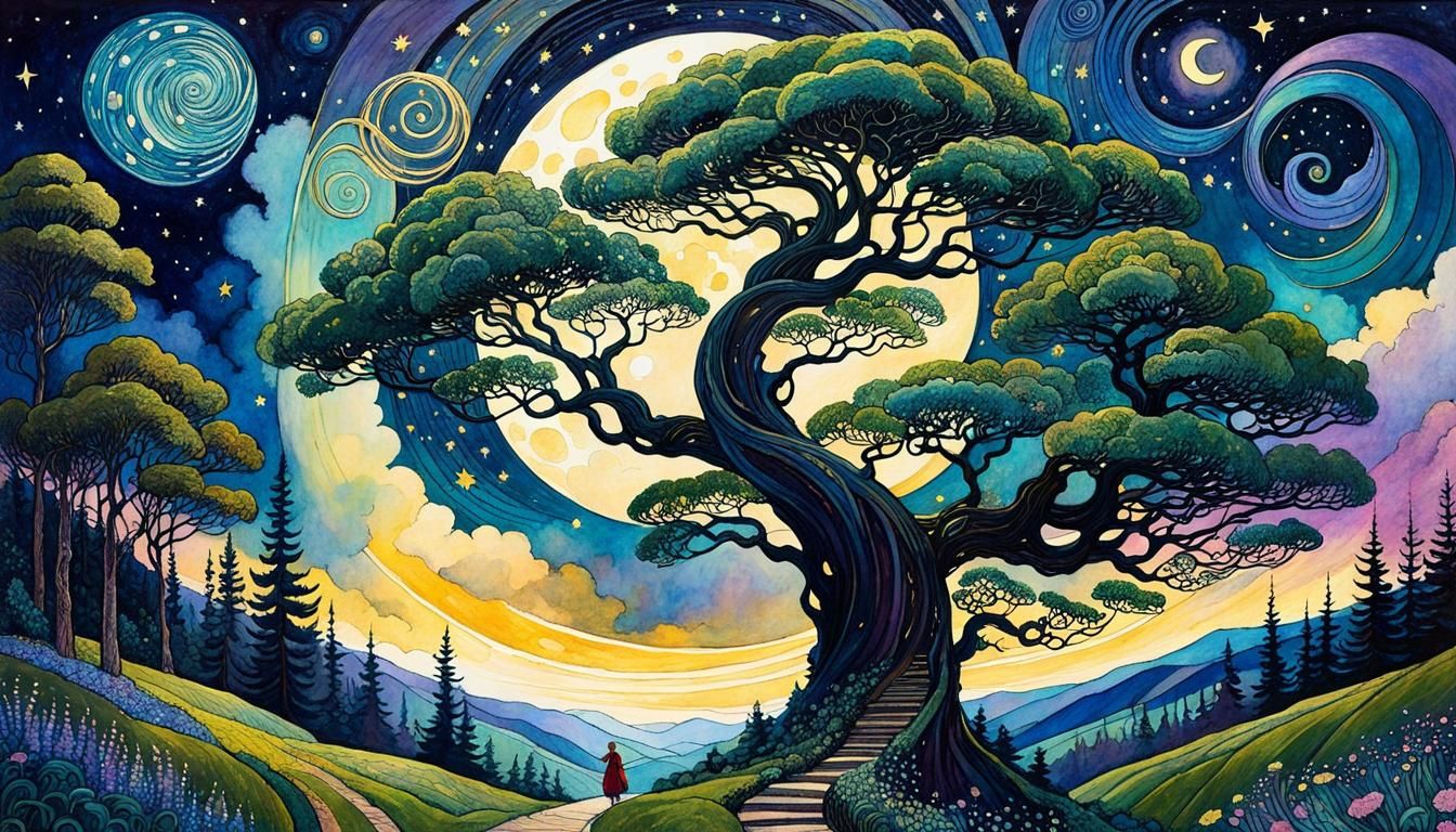 Fantasy Landscape with Swirling Clouds in Impressionist Styl...