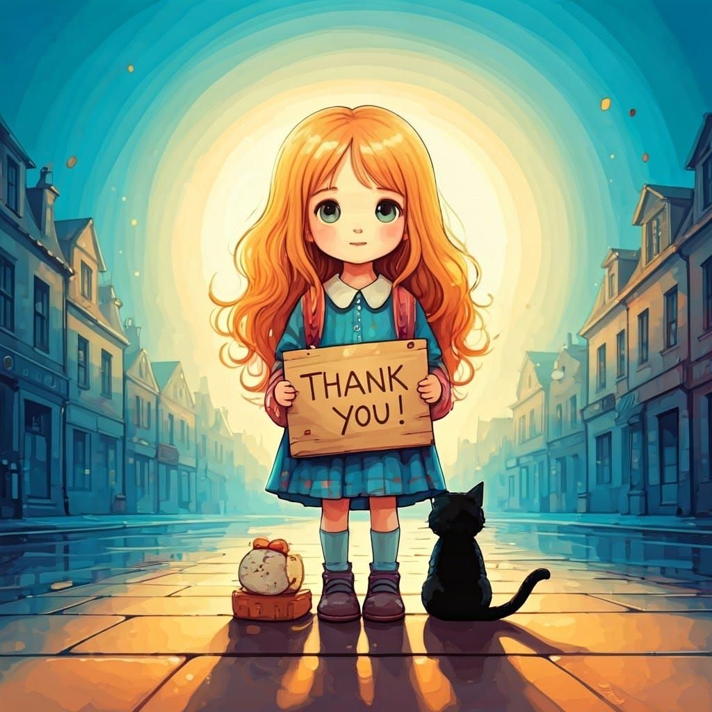 Cute Girl and Black Cat Thank You Illustration