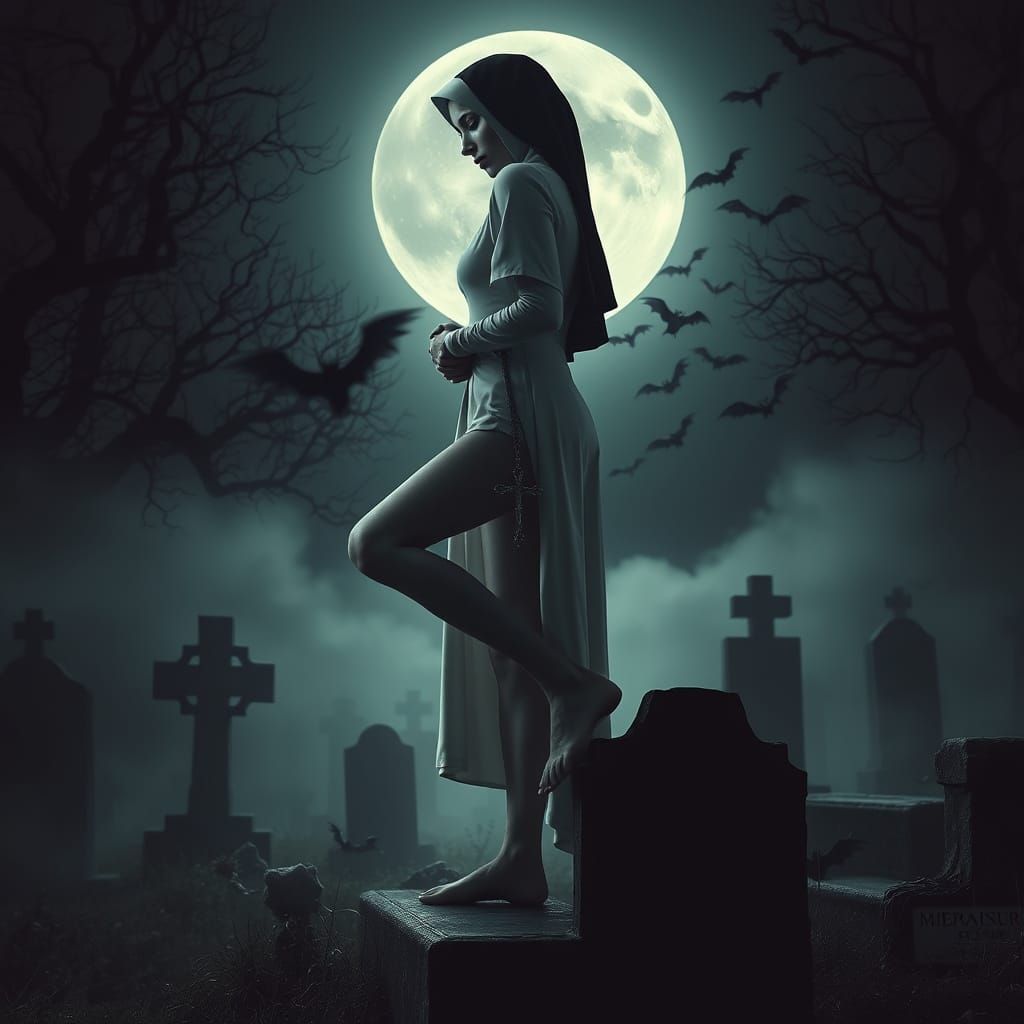 Gothic Nun in Haunting Hyper-Realistic Landscape