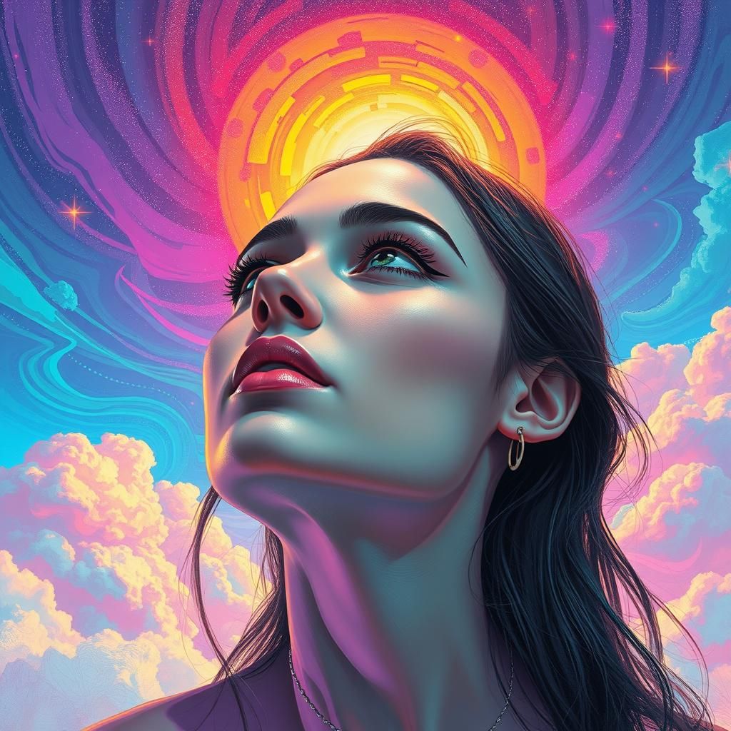 Woman Gazing at Iridescent Cosmic Landscape