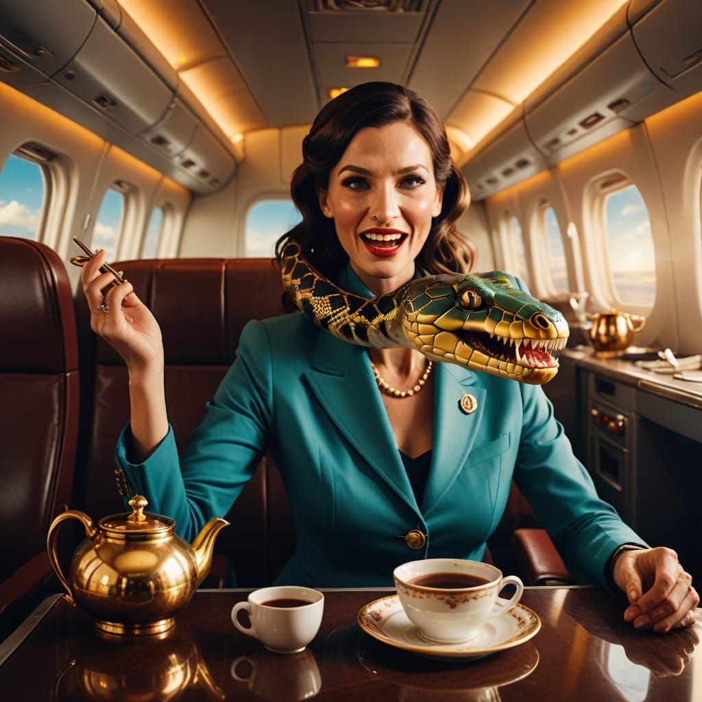 Surreal Snake Fight on Airplane in Vibrant Colors