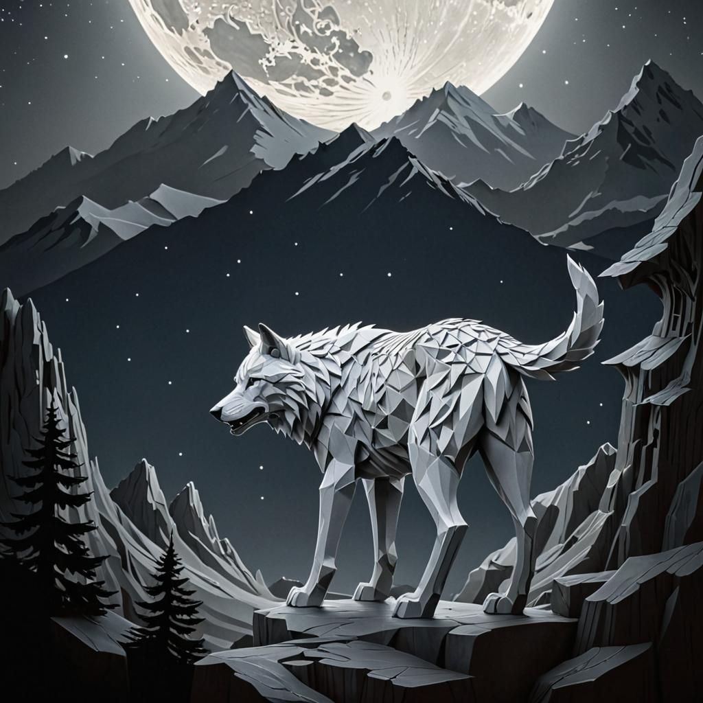 Geometric Wolf Howling at Moon in Kirigami Style