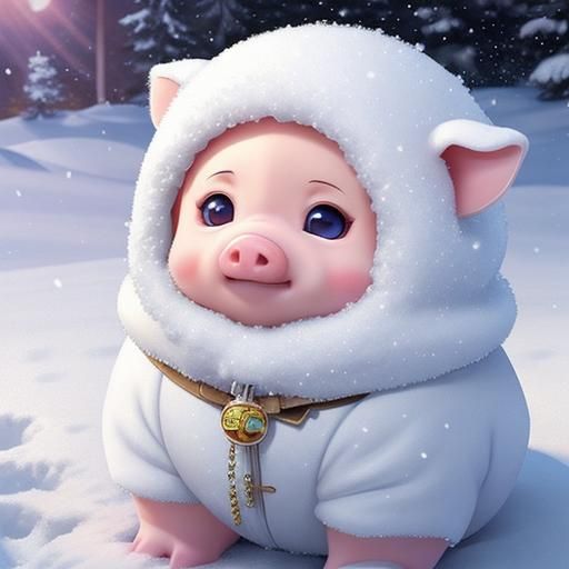 Cute Baby Snow Pig in Anime Style