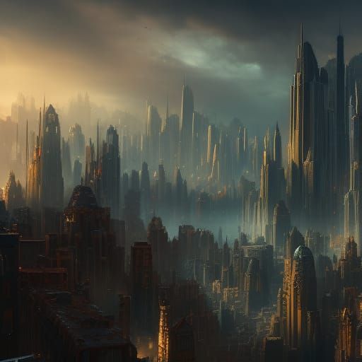 Dark Looming Cityscape in Detailed Matte Painting Style