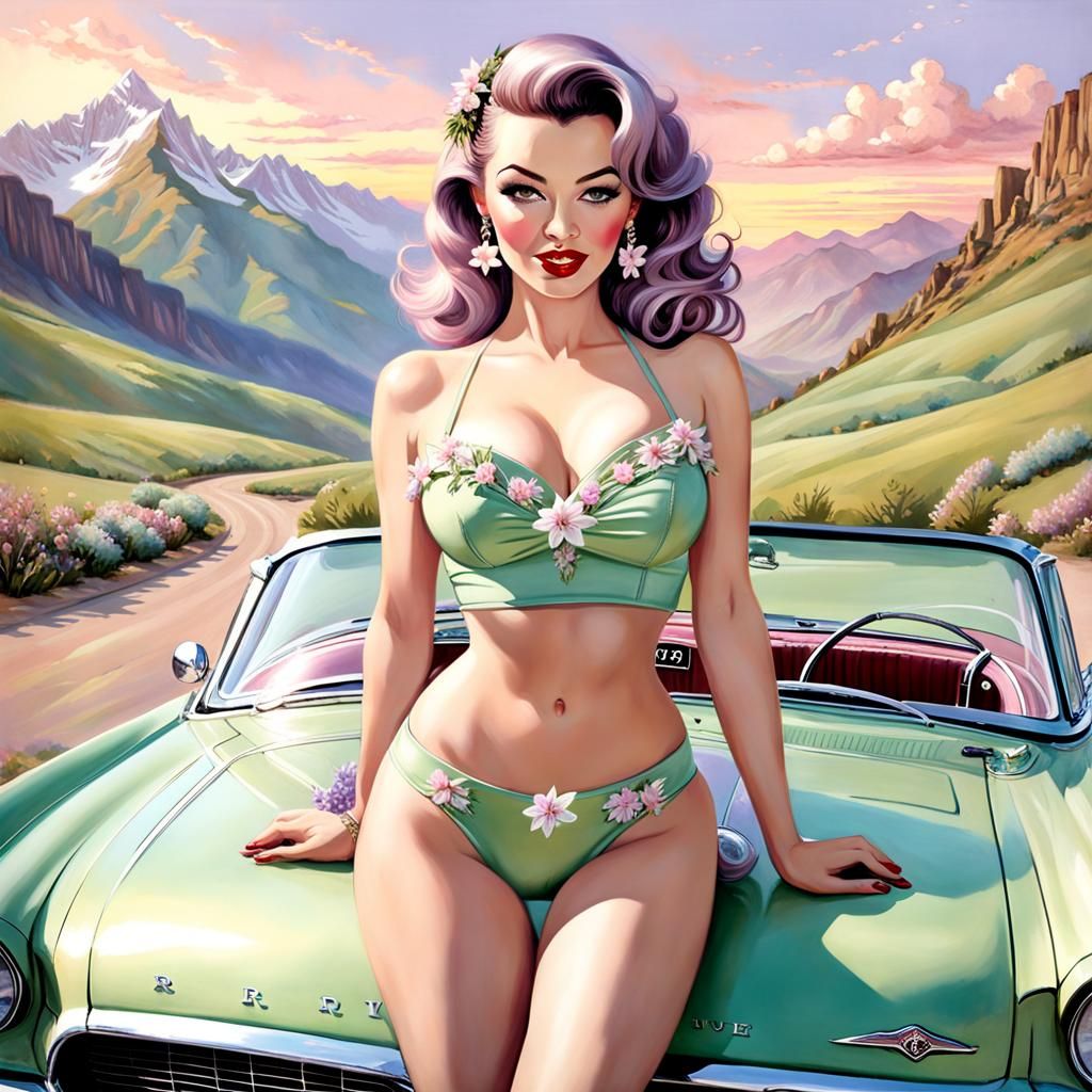 Retro Pinup Portrait With Pastel Convertible