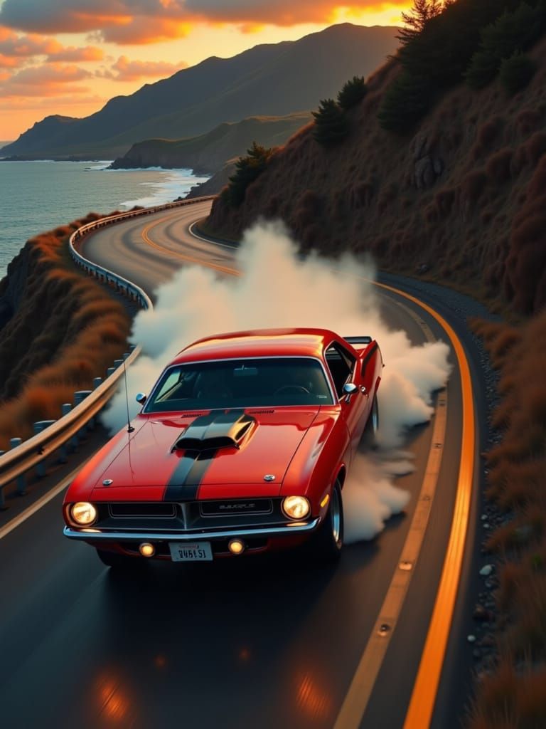 Red 1970 Plymouth Barracuda Drifting at Sunset