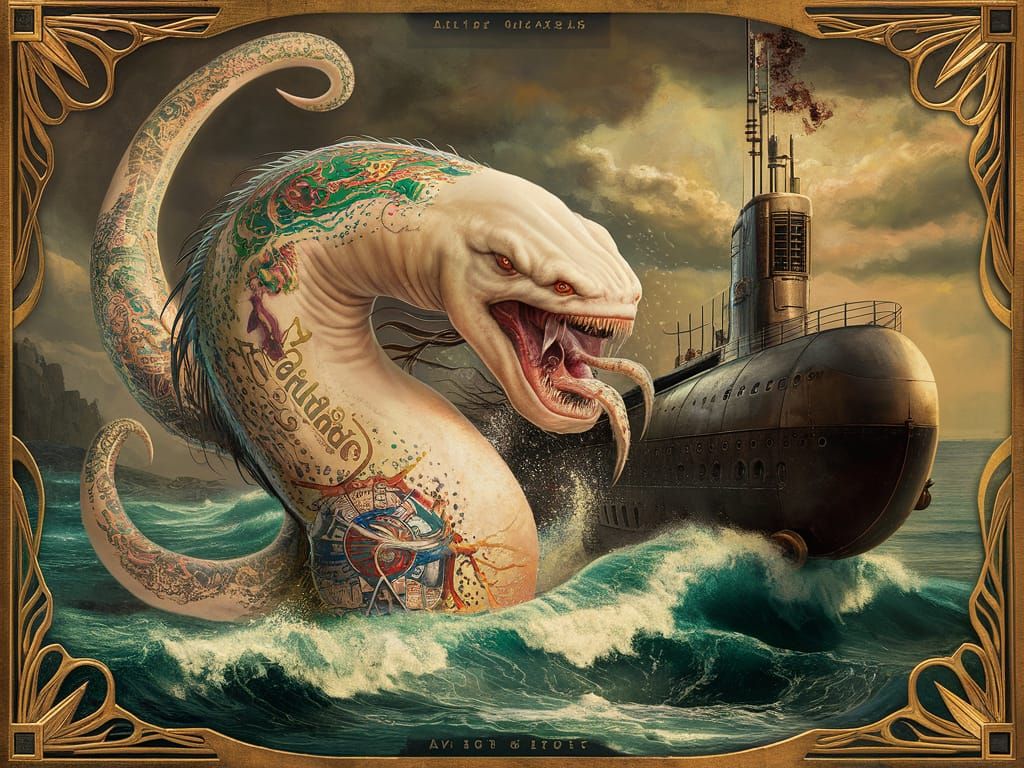 Kraken Confronts Steampunk Submarine in Biomechanical Art