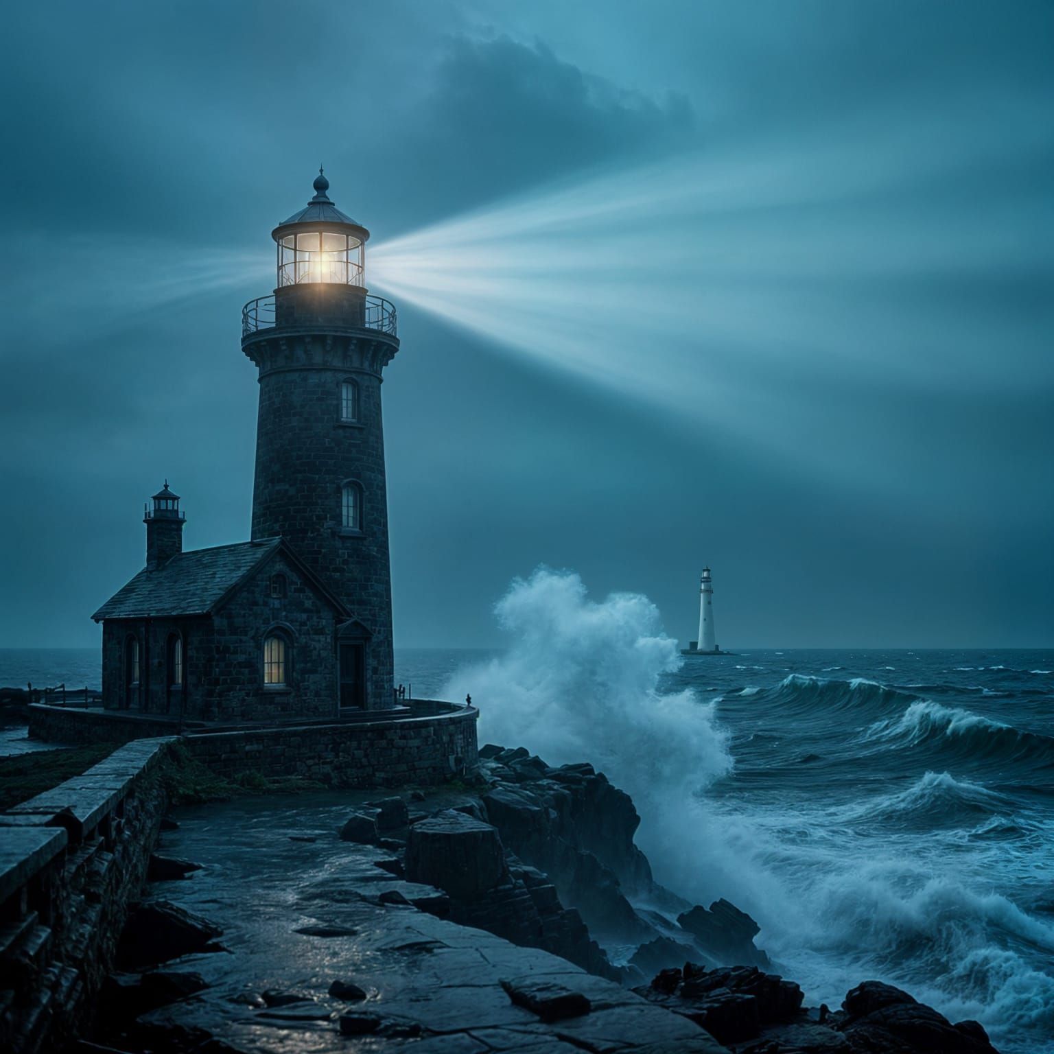 Lighthouse Keeper on Stormy Night: Cinematic Film Still