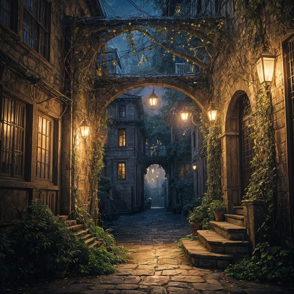 Mystical Twilight Alley Scene with Lone Figure
