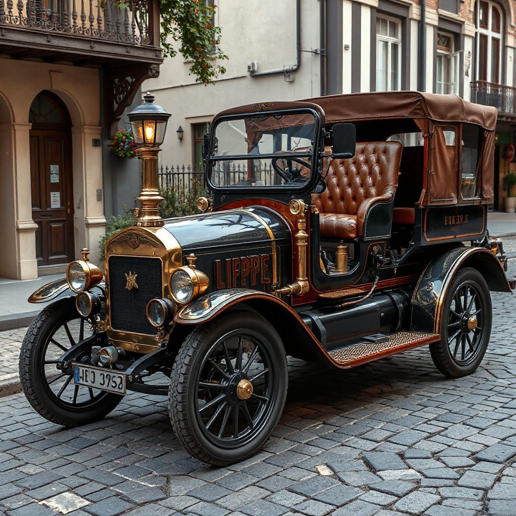 Vintage Steam-Powered Automobile on Cobblestone Road