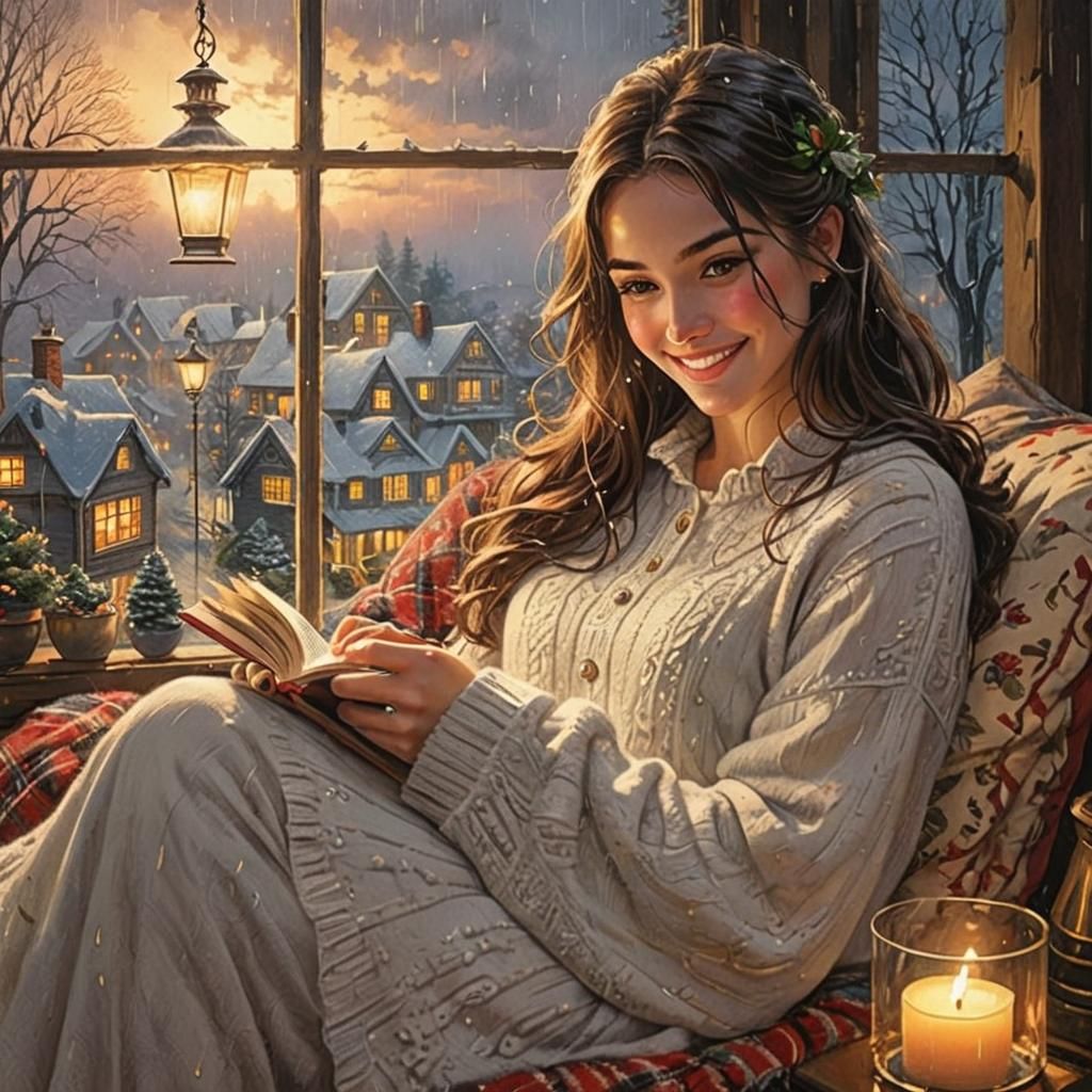Cozy Rainy Night Scene with Cheerful Girl