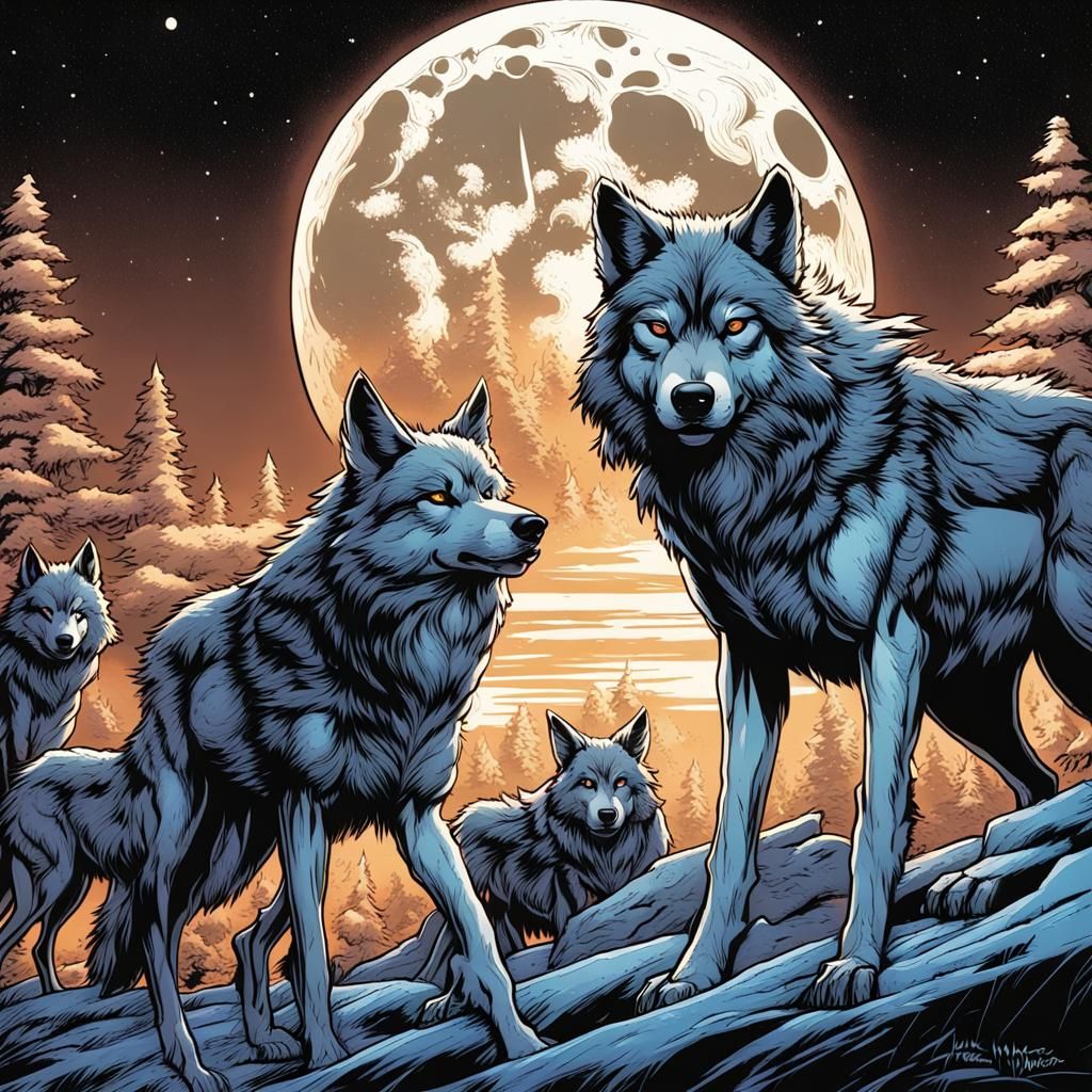 Wolves Howling at Moon in Comic Book Art