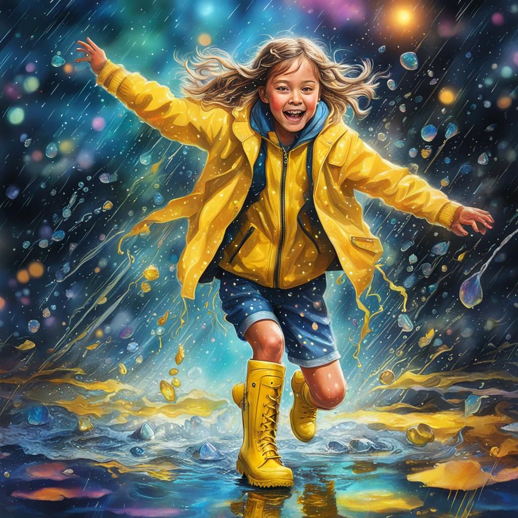 Girl Jumping in Puddles Astral Illustration