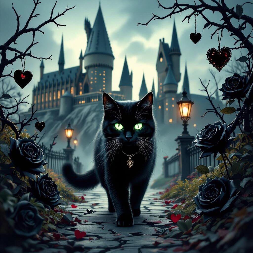 Magical Black Cat Near Hogwarts on Valentine's Day