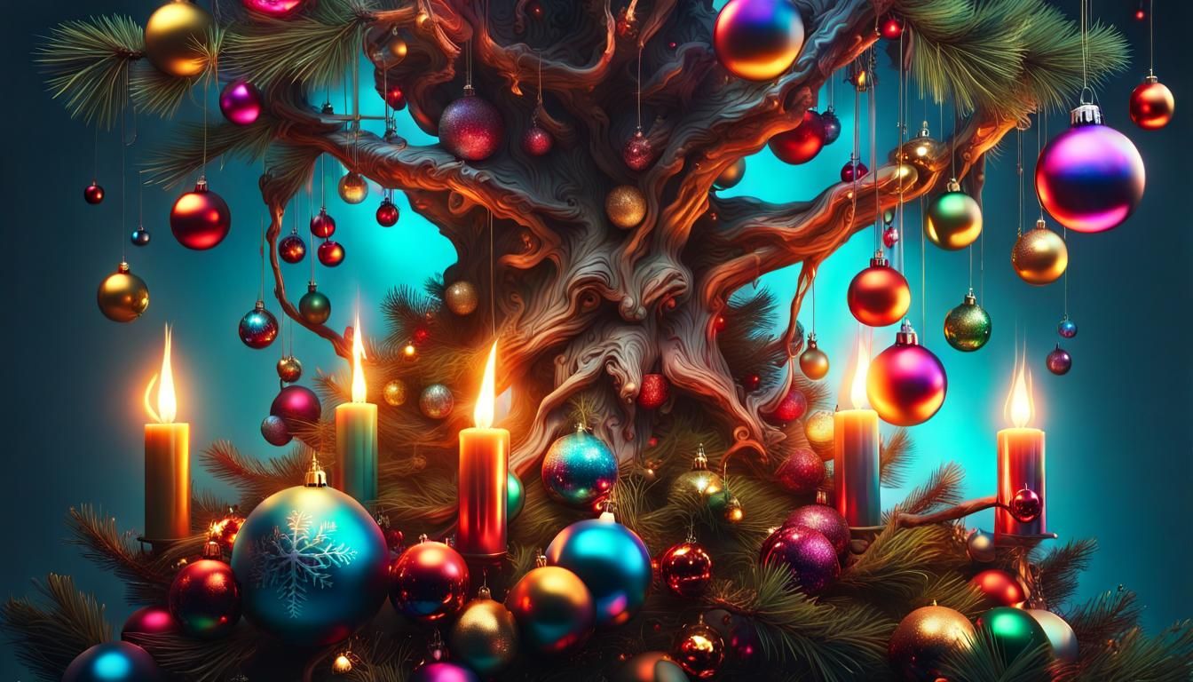 Christmas Tree with Trolls: Hyperrealistic Splash Art