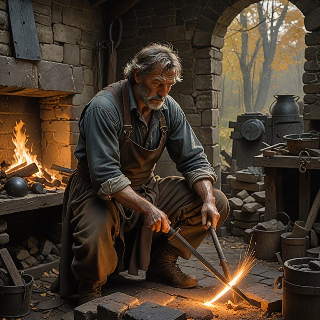 Weary Blacksmith Gazes Upward in Enduring Forge Labor