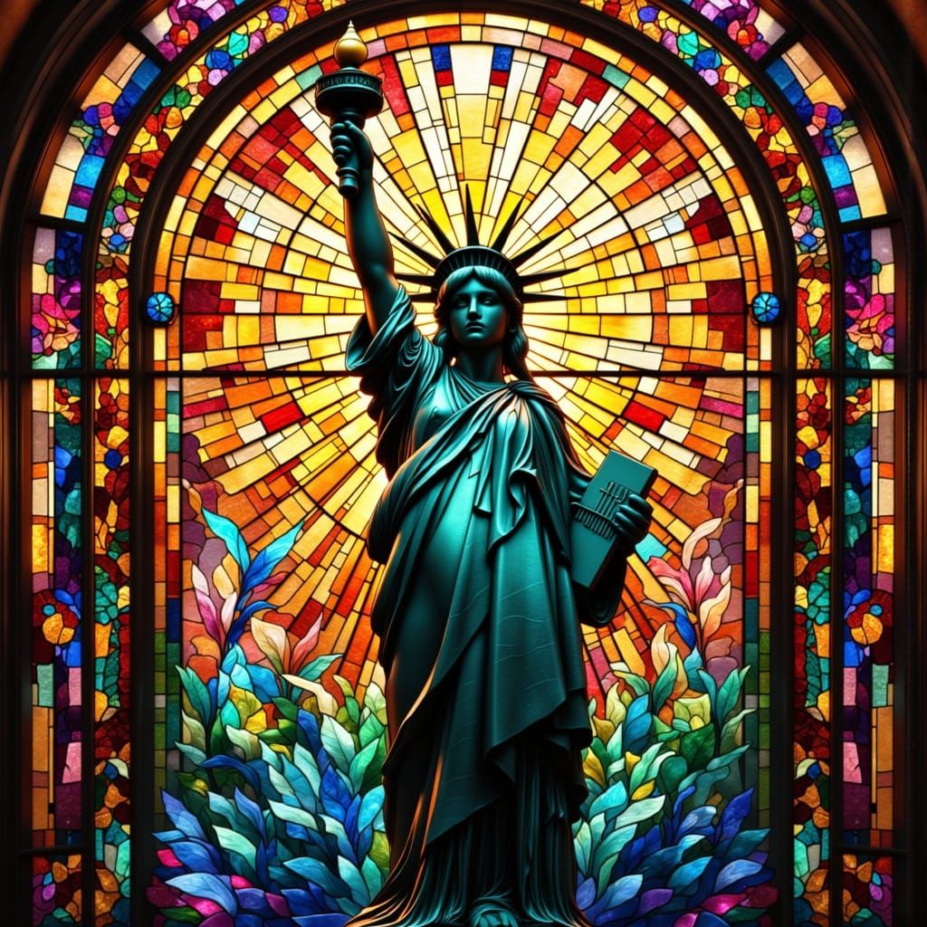 Stained glass statue of liberty, 3D cinematic <lora:Stained ...