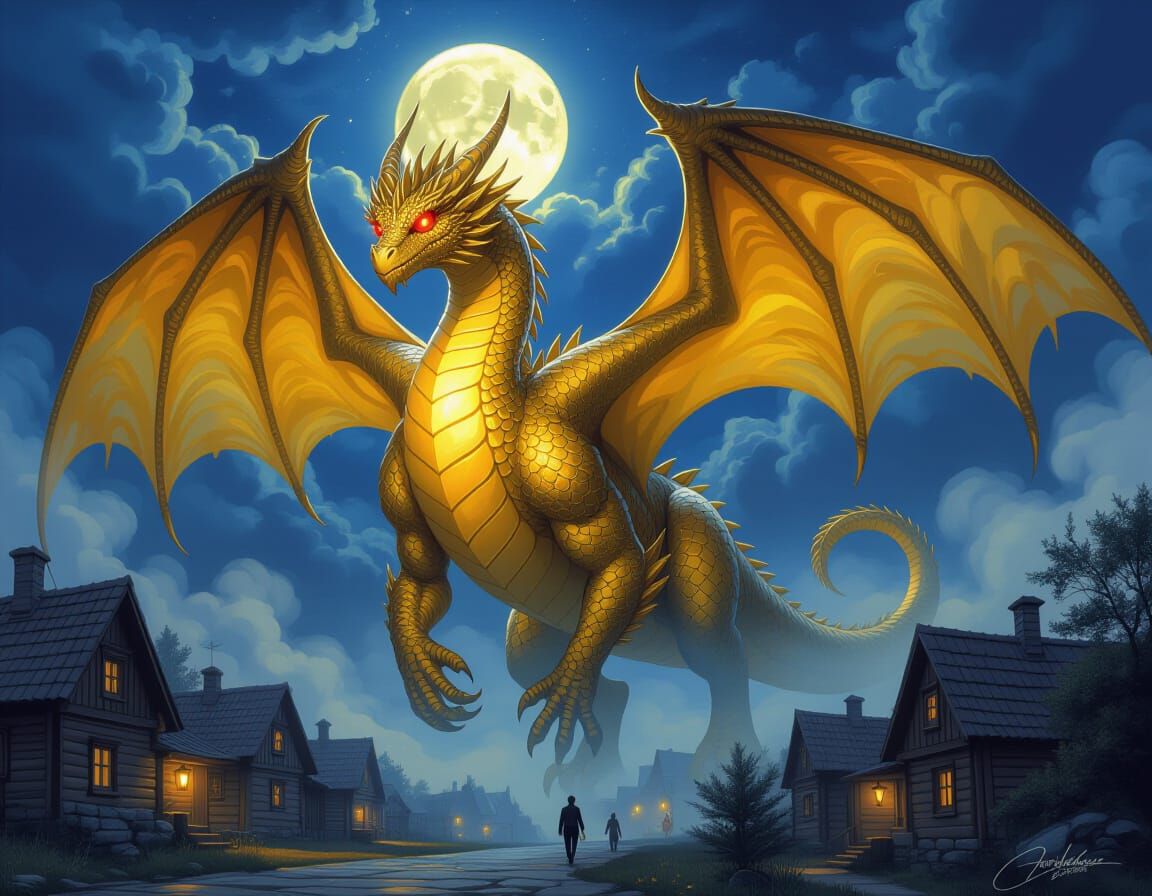 Golden Dragon Ambling Through Misty Village, Hyperdetailed A...