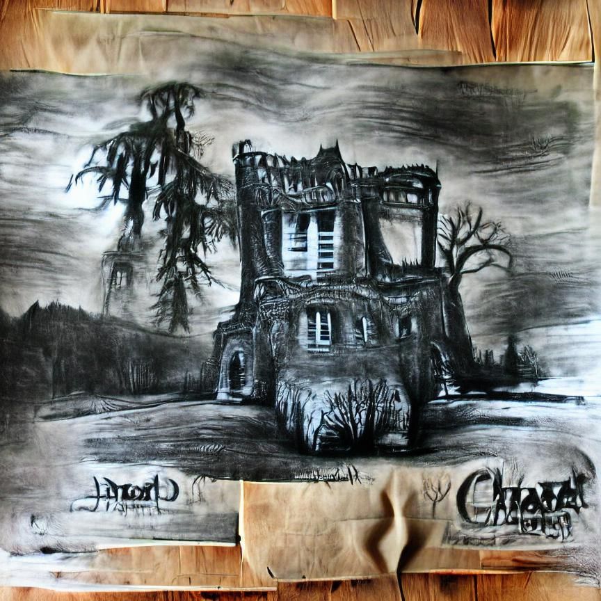 Dramatic Charcoal Drawing of an Aged Chateau