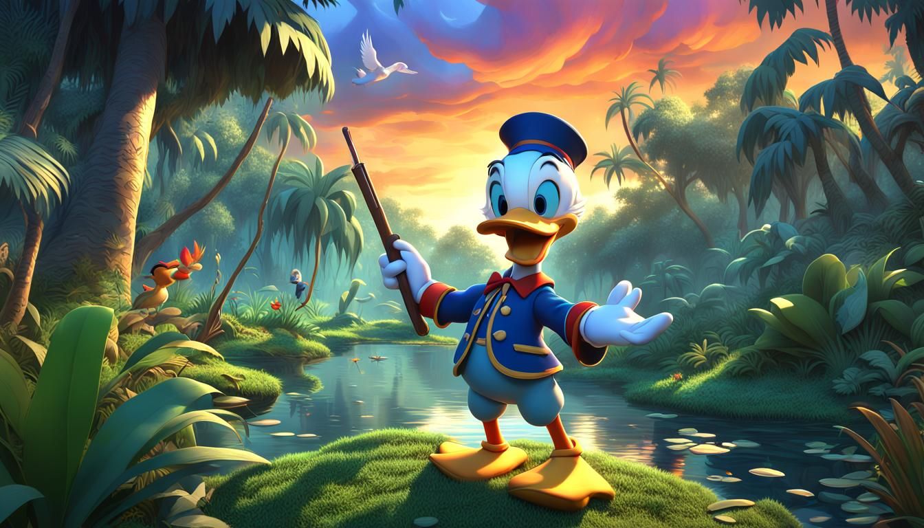 Donald Duck as Hunter in Jungle Landscape